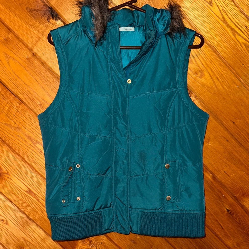 Maurices Teal Vest with Detachable Faux Fur Hood